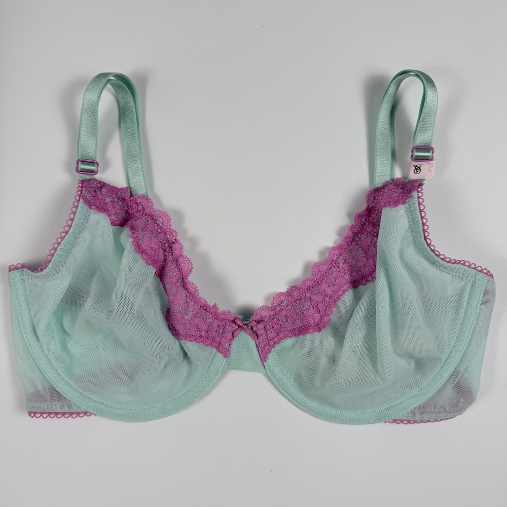Victoria's Secret Tease Unlined Demi Bra Aqua Mint Sheer Mesh Pink Lace 32DDD
